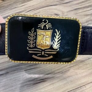 Vintage Jobis (Germany) Leather Belt with Brass Black Buckle Crest Old Money